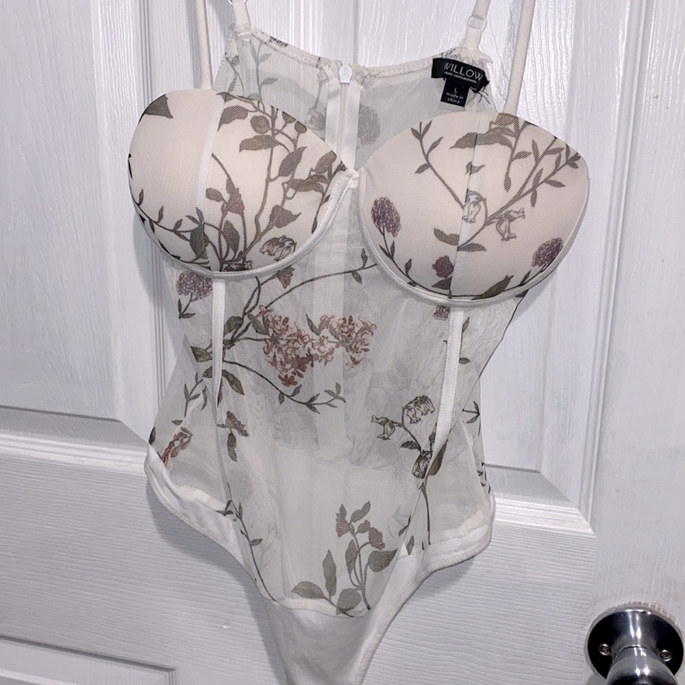 White flowered bodysuit, large, sheer/mesh.